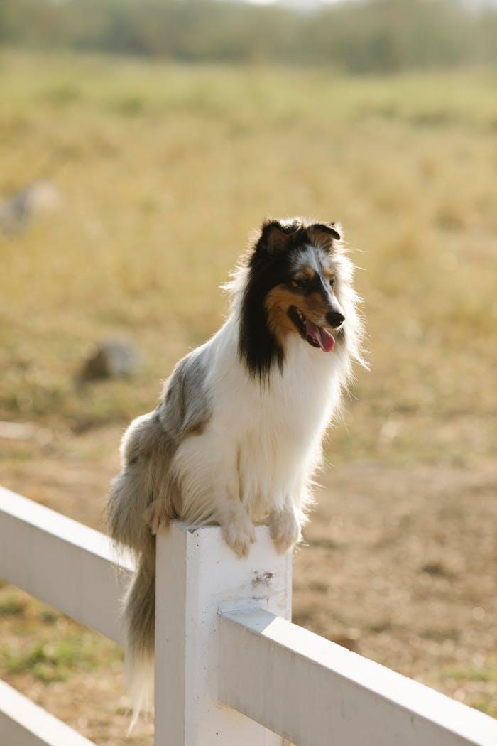 Cute fluffy Sheltie dog with brown muzzle sitting on wooden fence in countryside on sunny summer day on blurred background